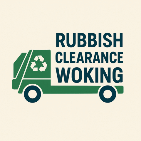 “Rubbish Clearance Woking logo featuring a green eco-friendly waste collection truck and bold company name.”