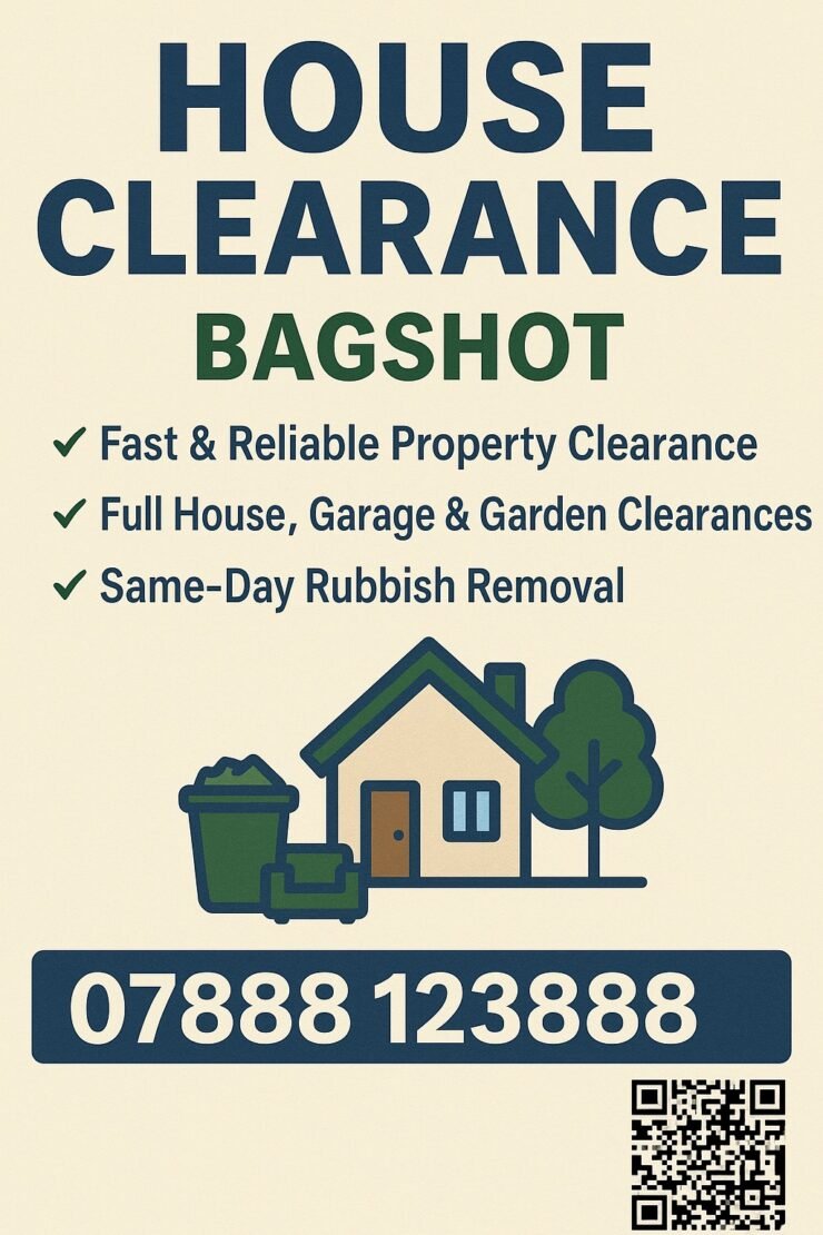 House clearance Bagshot and Camberley – full house, garage, loft and garden clearance with same-day rubbish removal – call 07888 123888.