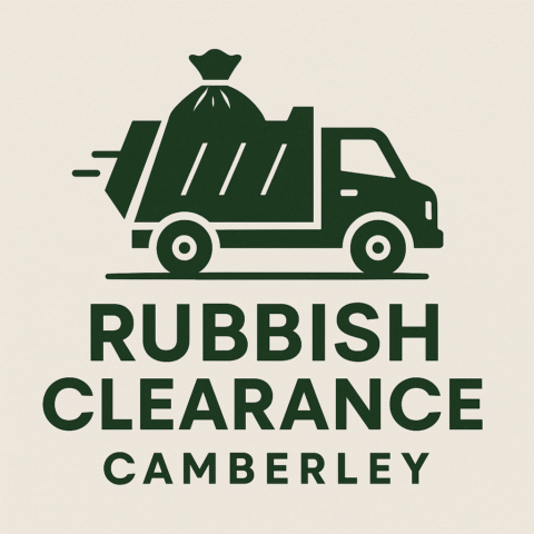 Rubbish Clearance Camberley logo featuring a green rubbish truck icon.