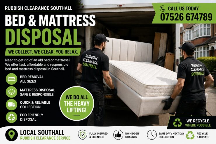Professional bed and mattress disposal Southall service with workers removing an old mattress and bed frame for eco friendly rubbish clearance in West London.