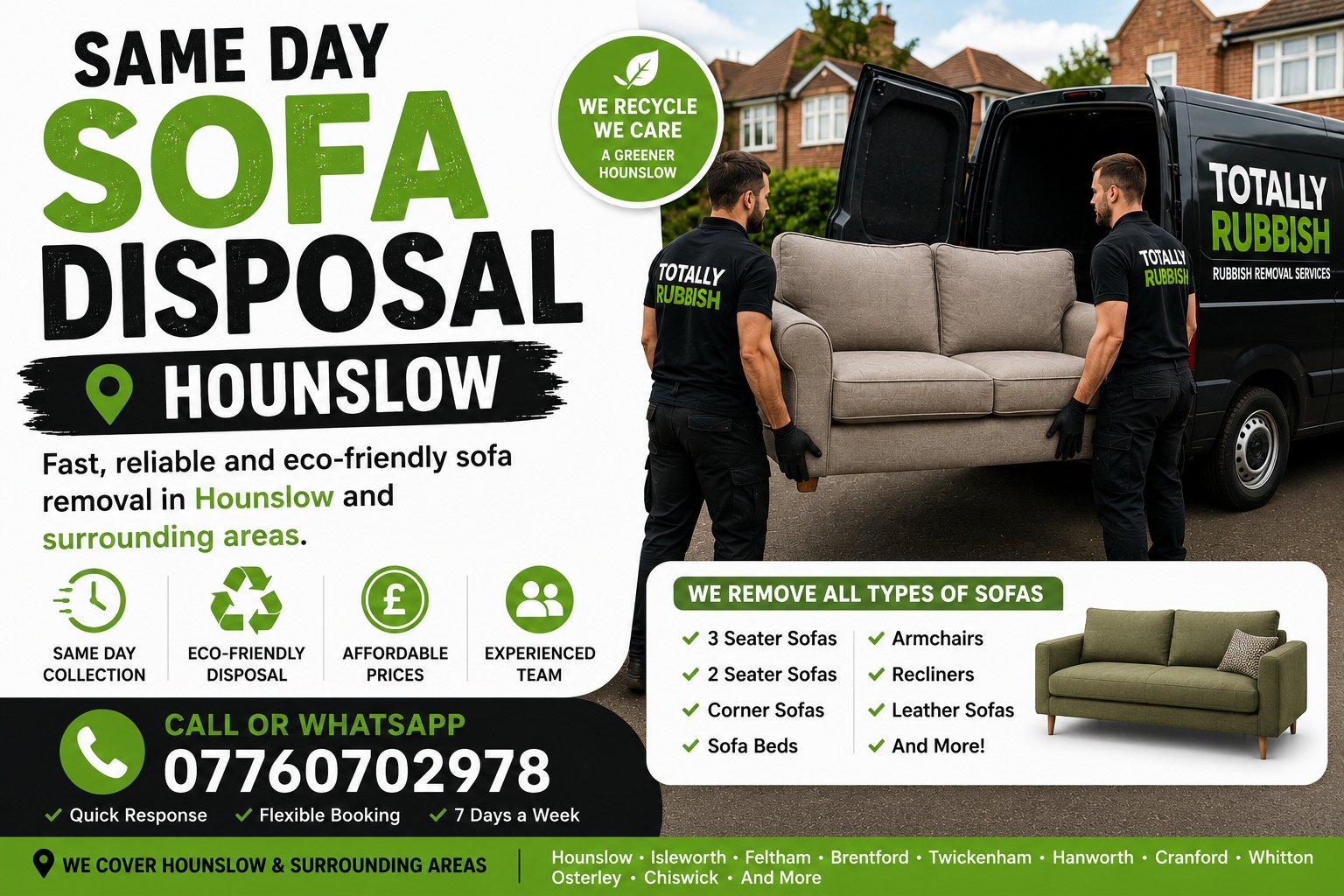 Same day sofa disposal service in Hounslow with eco-friendly furniture removal and collection team